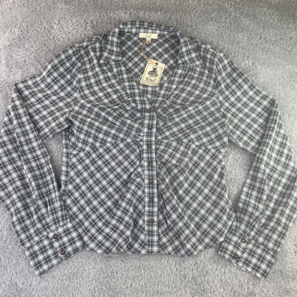 Easel Plaid Button Down Shirt Womens Large Grey Ruched Long Sleeve NWT